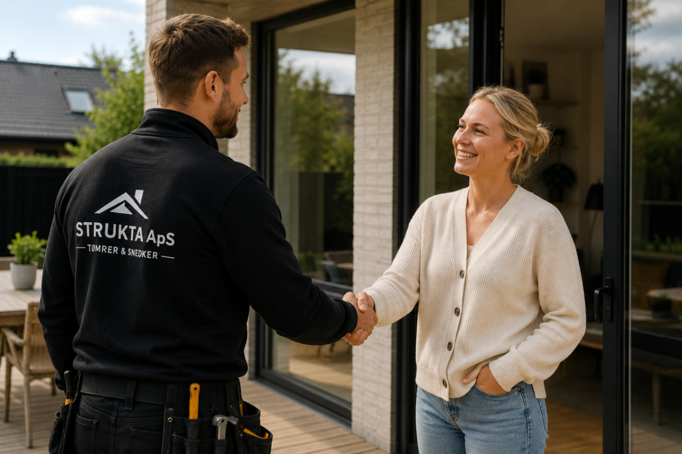Kunde giver hånd til medarbejder fra Strukta ApS foran boligen