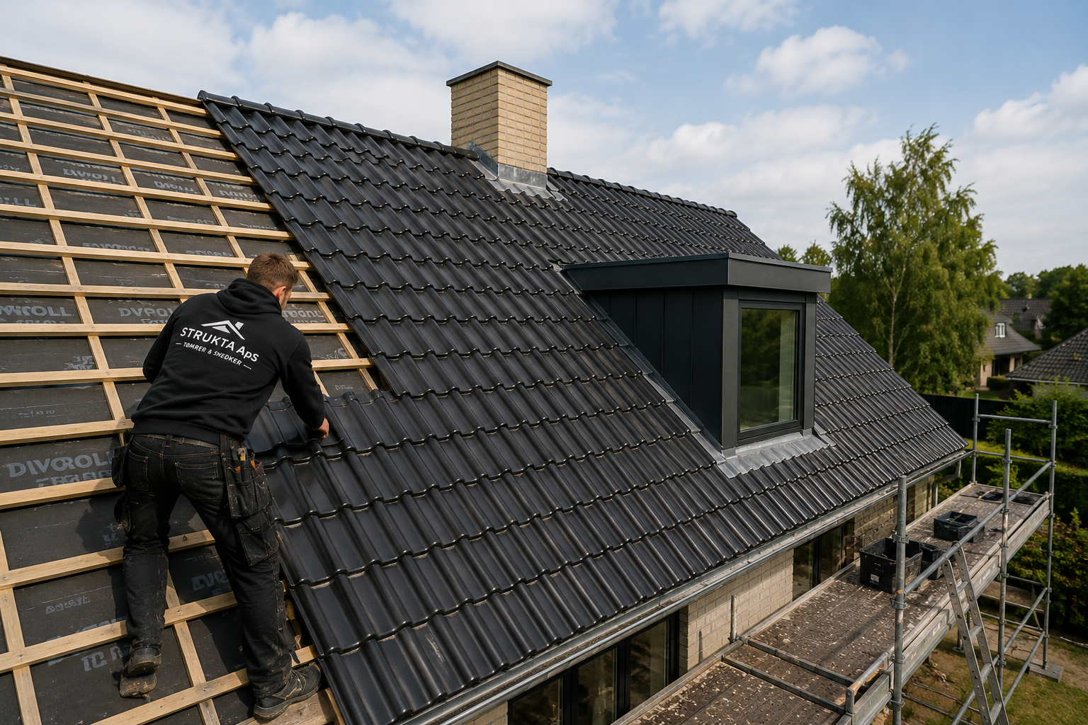 Nyt sort tegltag monteres på parcelhus i Vejle af Strukta ApS