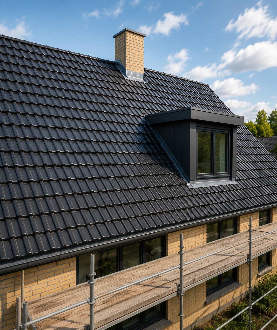 Færdig sort kvist integreret i eksisterende tegltag på bolig i Kolding